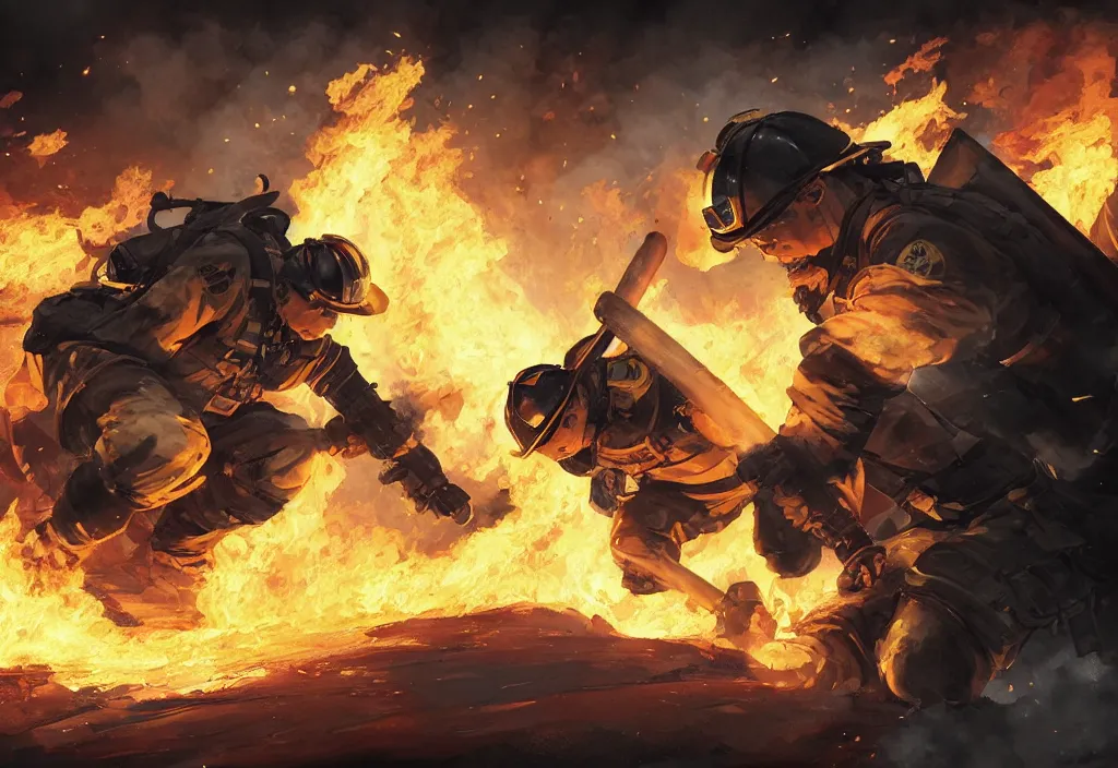 Image similar to one heroic firefighter in action in black and yellow uniform, fire flames, sharp details, sharp focus, realistic, highly detailed, illustration, by jordan grimmer and greg rutkowski and pine ( ハイネ ) and 薯 子 imoko and 香 川 悠 作 and wlop and maya takamura, intricate