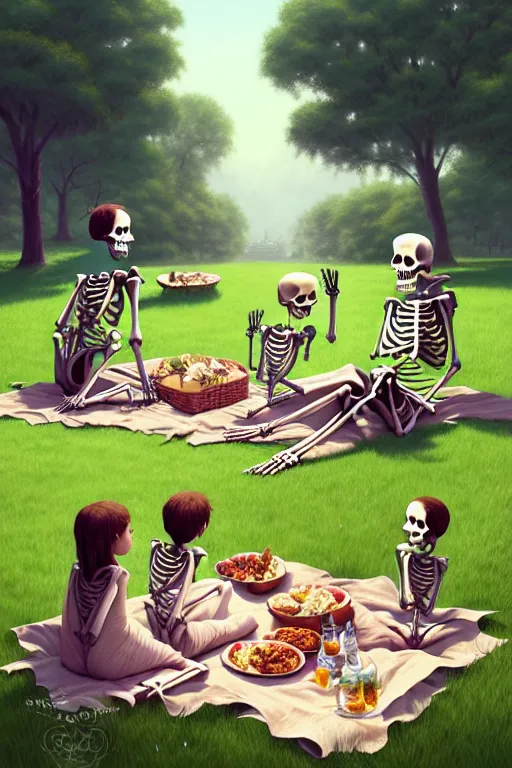 Image similar to a detailed illustration of a skeleton family on a picnic, afternoon at the park, intricate, gothic, highly detailed, digital painting, trending on artstation, smooth, sharp focus, illustration, art by greg rutkowski, loish, rhads, makoto shinkai and lois van baarle, ilya kuvshinov, rossdraws