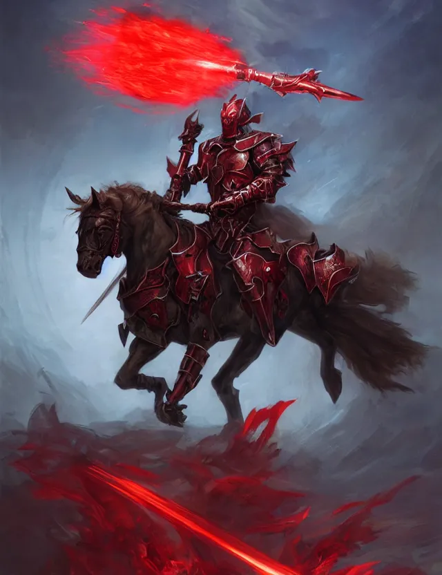 Image similar to a masked knight in crimson armour mounted on a spectral horse, holding a glowing red battle staff, by frank fazetta and peter mohrbacher, trending on artstation, digital art, 4 k resolution, detailed, high quality, hq artwork, coherent, insane detail, concept art, character concept, character full body portrait