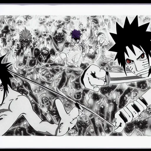 Image similar to Sasuke and Frank Zappa save Naruto manga panel award winning black and white art by Frank Zappa and Kishimoto highly detailed pen and ink matte painting