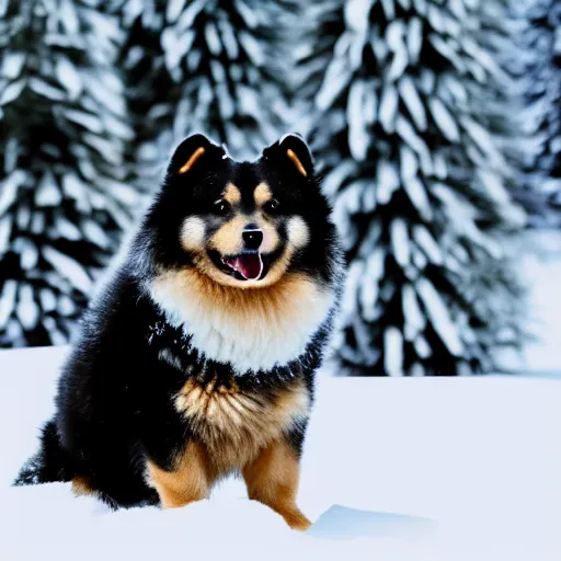 Image similar to happy finnish lapphund dog, black brown and white fur, snow, trees, in the style of a pixar character, 4 k, animation, funny, movie