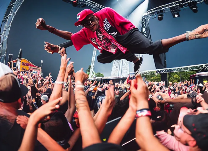 Prompt: photo still of samuel l jackson on stage at vans warped tour!!!!!!!! at age 3 3 years old 3 3 years of age!!!!!!!! stage diving into the crowd, 8 k, 8 5 mm f 1. 8, studio lighting, rim light, right side key light