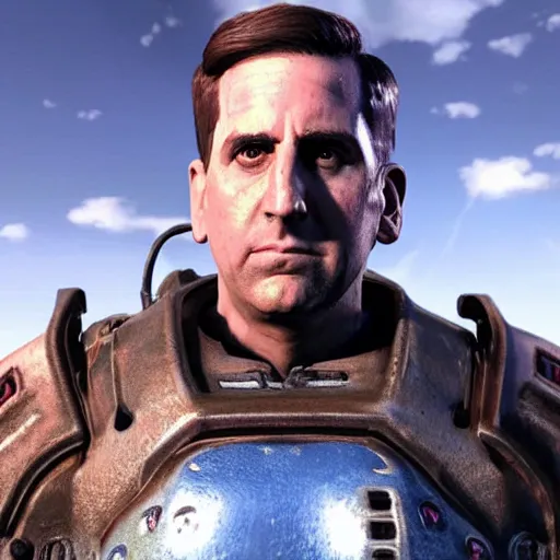 Image similar to Michael Scott in a fallout power armor, fallout4, rtx, raytracing, unreal engine, hyper realistic, sun rays