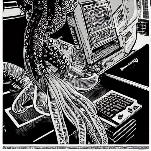 Prompt: Octopus fixing a computer, Industrial Scifi, detailed illustration, Chiaroscuro, character portrait, by Martin Grip and Moebius