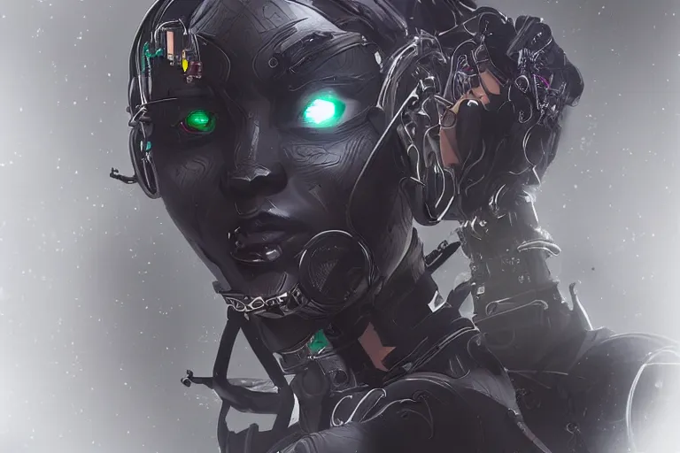 Image similar to “ a extremely detailed stunning portraits of solarpunk cyborg black cat woman by allen william on artstation ”