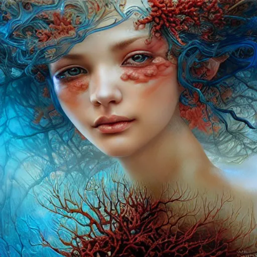 Image similar to a beautiful coral manipulating water by karol bak, ayami kojima, artgerm, river, water, blue eyes, smile, concept art, fantasy