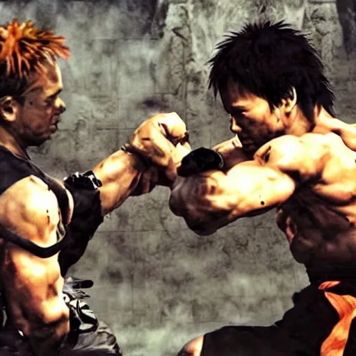 Image similar to Tony Jaa epic fight scene in the style of Yoji Shinkawa