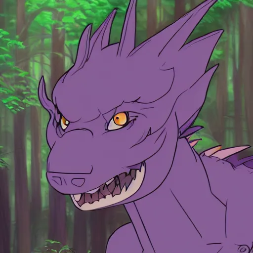 Image similar to concept art painting of an anthropomorphic purple humanoid furry dragon, in the deep forest, realistic, detailed, cel shaded, in the style of makoto shinkai and greg rutkowski and james gurney