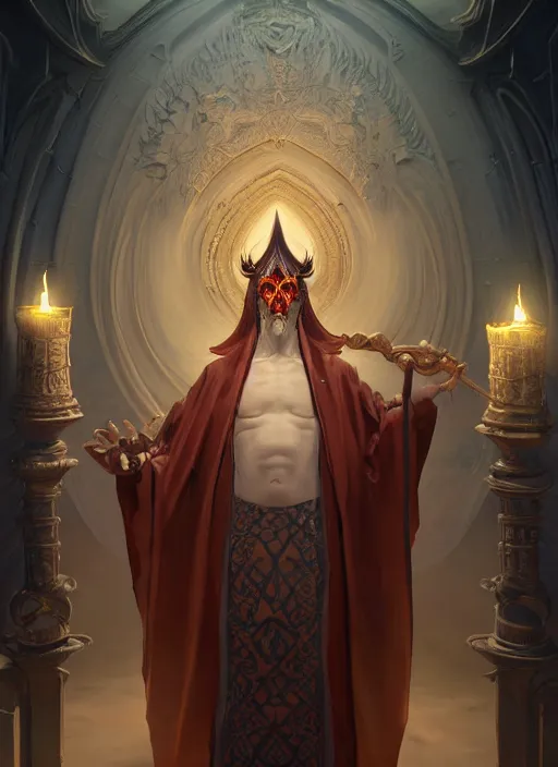 Image similar to slender high priest in a dark ornate robe with a carved ivory headpiece, subsurface scattering, by jesper ejsing, justin gerard, tomasz alen kopera, cgsociety and fenghua zhong, highly detailed, rim light, cinematic lighting, illustration, art, octane render, very coherent, cinematic, high detail, octane render, 8 k