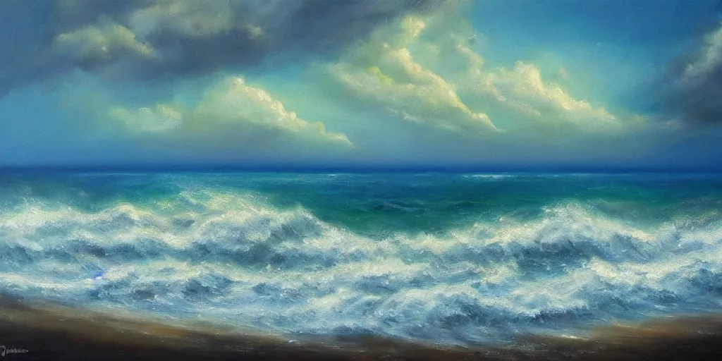 Prompt: a beautiful oil on canvas. seascape. view from the coast of the sea. coastal landscape trees and sand. stormy blue and green sea i'm background. epic sky bdetailed. trending on art station. beautiful. tropical. h 7 6 8