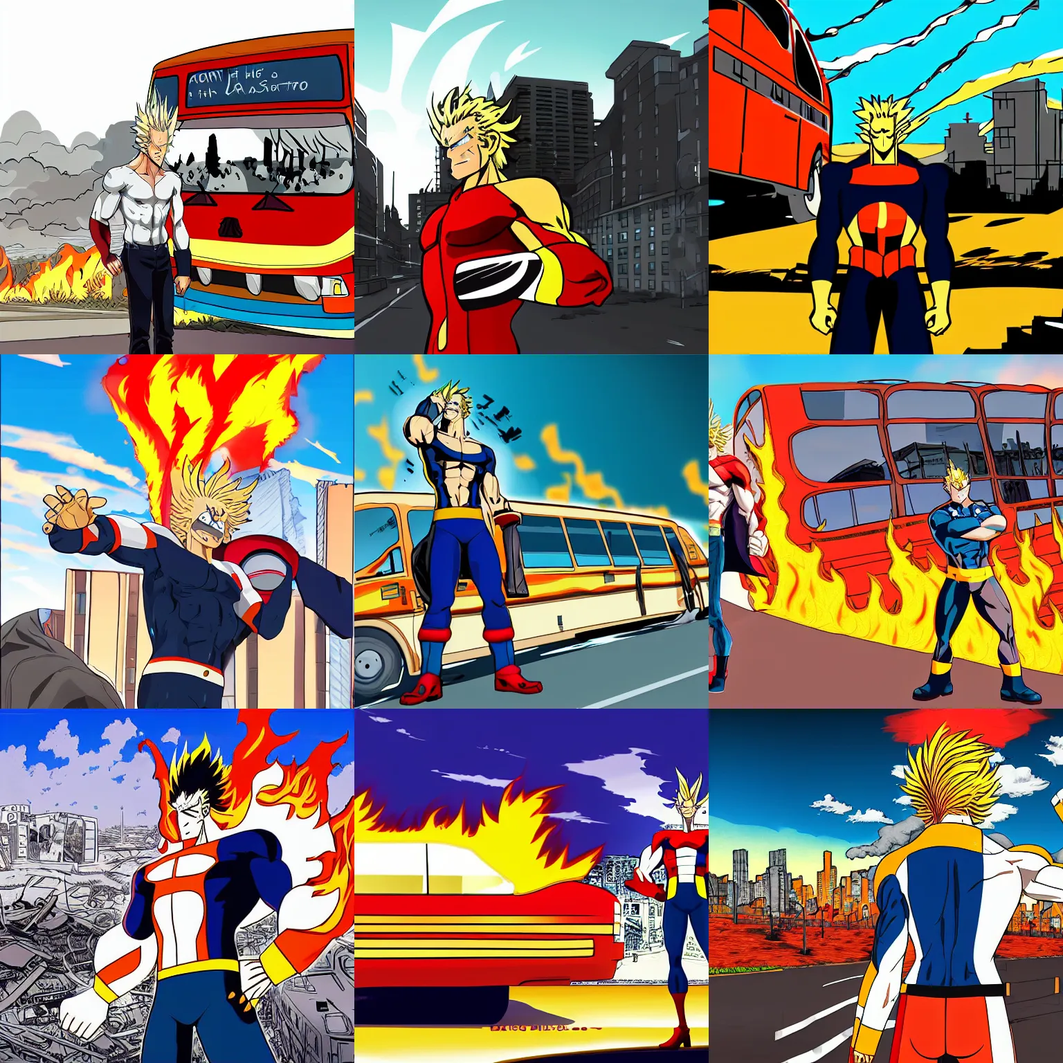 Prompt: all might posing in front of a burning bus overlooking a destroyed city, digital art, award winning