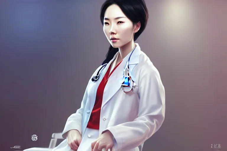 Prompt: a elegant and beautiful chinese female doctor in a white coat in a clinic, cinematic, highly detailed, digital painting, artstation, concept art, matte, sharp focus, illustration, art by artgerm and greg rutkowski