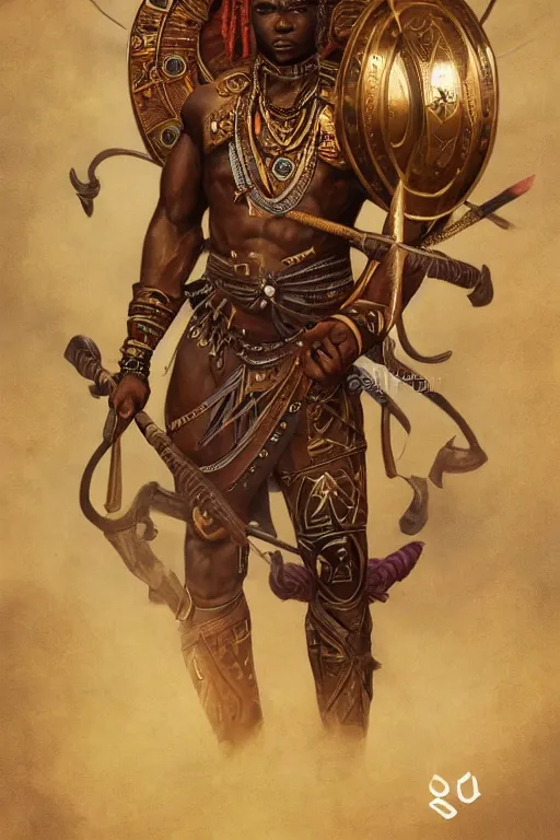 Prompt: ogun with a great spear, African warrior deity with tribal marking and golden armor, orisha God hunters and craftsmen, strong masculine features, menacing cinematic mid portrait, digital illustration, octane render trending on arstation by artgerm, raphaelite and mucha