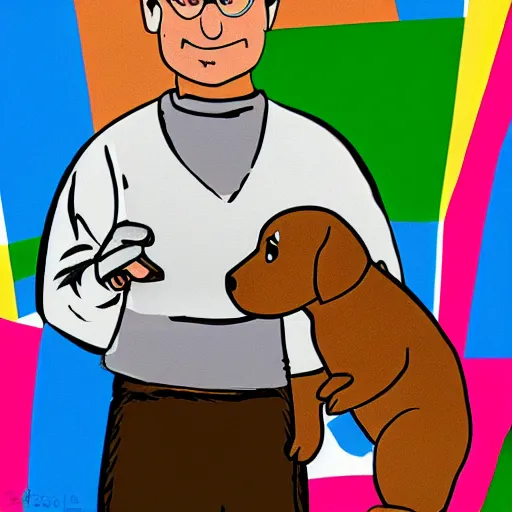 Image similar to Steve Jobs playing with a light brown puppy, pop art, highly detailed