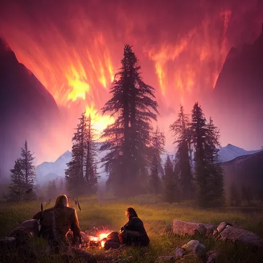 Image similar to stalker and witcher sitting near campfire, by marc adamus, beautiful dramatic lighting