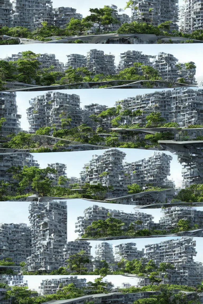 Image similar to 5 - panel comic page layout. crowd talking about sustainable futuristic building in a urban setting. ultrarealistic matte painting on white page. the building has many deep and tall balconies covered in plants and trees. thin random columns, large windows, deep overhangs. plants hang from balconies. greeble articulated details with plants. 8 k, uhd.