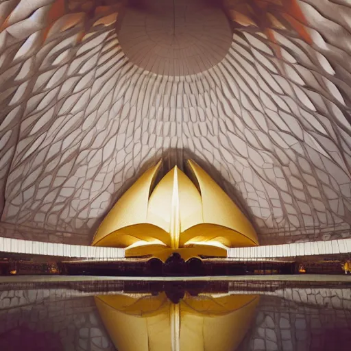 Prompt: interior of a futuristic lotus temple space station with gold, red and white marble panel, by buckminster fuller and syd mead, intricate contemporary architecture, photo journalism, photography, cinematic, national geographic photoshoot