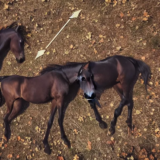 Image similar to two dead horses with some arrows on their body, lying on the woods path, dense thickets on each side, photo, 8 k