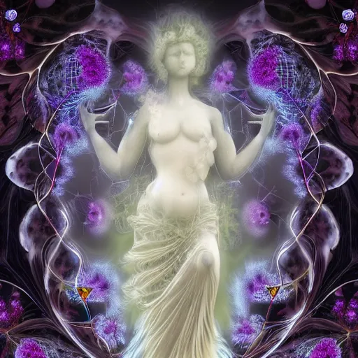 Prompt: an idealistic marble statue with fractal flowery hair in a fractal garden, glowing delicate flower and mushrooms that grow in a dark fatansy forest on the planet Pandora,, symmetrical,