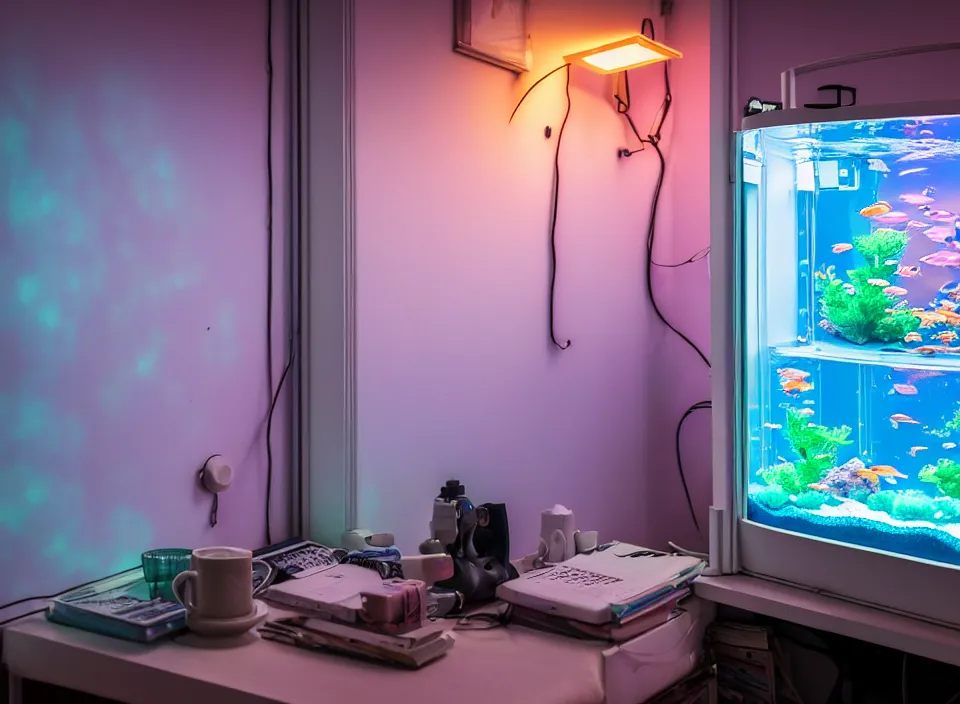 Image similar to telephoto 7 0 mm f / 2. 8 iso 2 0 0 photograph depicting the feeling of insomnia in a cosy cluttered french sci - fi ( art nouveau ) pale cyberpunk apartment in a pastel dreamstate art cinema style. ( aquarium, computer screens, window ( city ), led indicator, lamp ( ( ( photo booth ) ) ) ), ambient light.