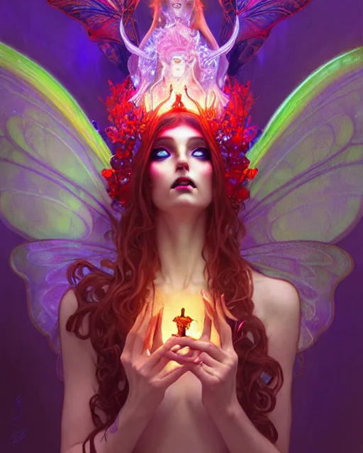 Prompt: stunningly beautiful female faerie priestess in amanita muscaria forest landscape, symmetrical wings on back, neon hair, fantasy art, dark light night, sharp focus, digital painting, 4 k, concept art, art by wlop, greg rutkowski and alphonse mucha, brom, face by otto schmidt