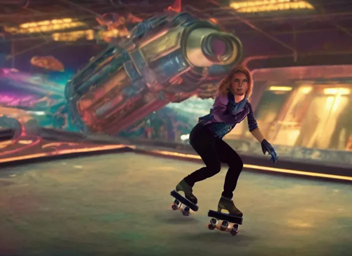 Prompt: film still of Rocket Racoon roller skating at a roller rink in the new Guardians of the Galaxy movie, 4k