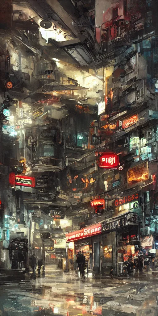 Image similar to the entrance of general store seven - eleven located in the middle of a sci - fi city, street view, sci - fi cars, painted by ashley wood and phil hale, blade runner, masterpiece, award - winning, sharp focus, intricate concept art, ambient lighting, 8 k, artstation, pixiv