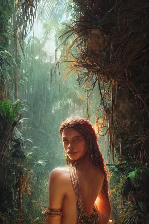 Image similar to portrait of bohemian girl in the jungle of tulum mexico, staring directly into camera, intricate, elegant, glowing lights, highly detailed, digital painting, artstation, sharp focus, illustration, art by wlop, mars ravelo and greg rutkowski