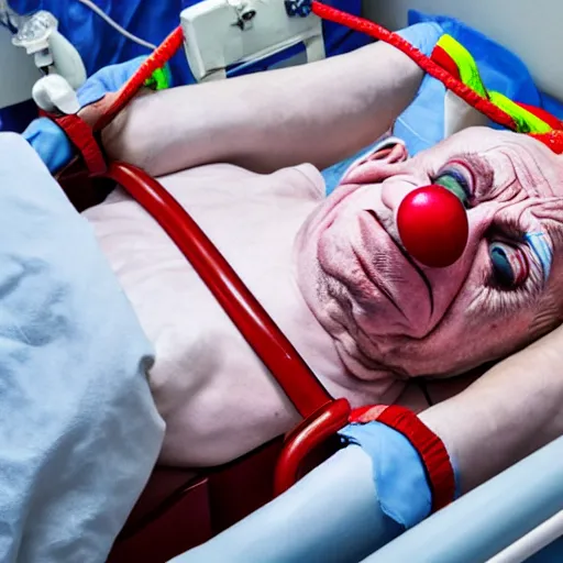Image similar to crazy elderly clown supine in hospital bed, strapped into bed with restraints, photograph