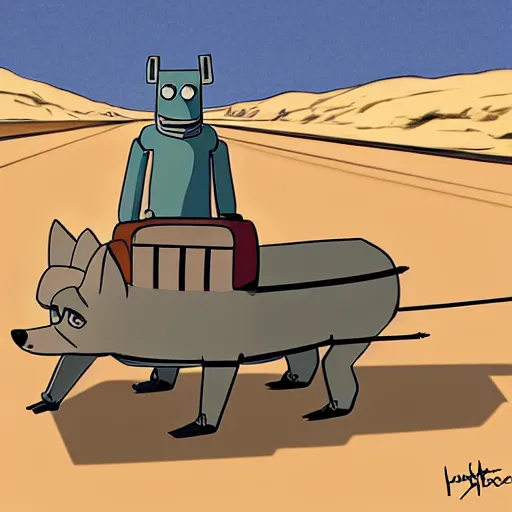 Image similar to a study of cell shaded cartoon of a grey robot sled dog from howl's moving castle ( 2 0 0 4 ) on a desert road, full body, wide shot, very muted colors, post grunge, studio ghibli, laurie greasley, highly detailed, deviantart, art by artgem