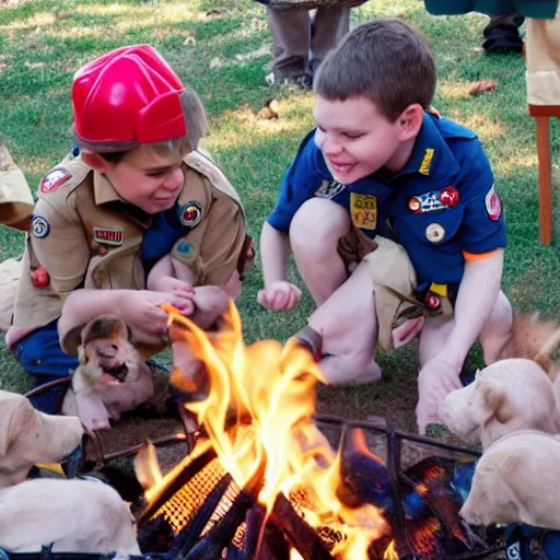 Image similar to puppies dressed as Boy Scouts building a campfire