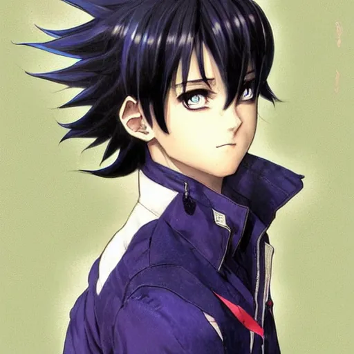 Image similar to small boy with black hair and blue purple eye, school uniform, anime style, hyper detailed, illustration, digital painting, art by artgerm and greg rutkowski and alphonse mucha, high delicate defined details, anime stylized, highly detailed, realistic, sharp focus, symmetrical face