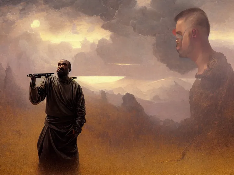 Prompt: a detailed profile oil painting of kanye west pointing a gun to pete davidson, bounty hunter portrait symmetrica, aurora lighting clouds and stars by beksinski carl spitzweg and tuomas korpi. intricate artwork by caravaggio. Trending on artstation. 8k