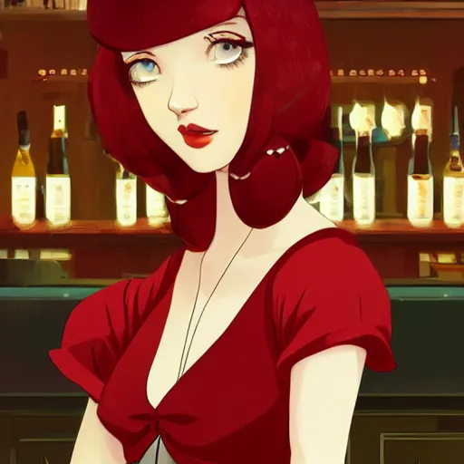 Image similar to portrait of a beautiful girl with red hair dressed in 1920's fashion, speakeasy bar background, rich vivid colors, ambient lighting, dynamic lighting, 4k, HQ, official media, anime key visual, makoto shinkai, ilya kuvshinov, lois van baarle, rossdraws, detailed, trending on artstation