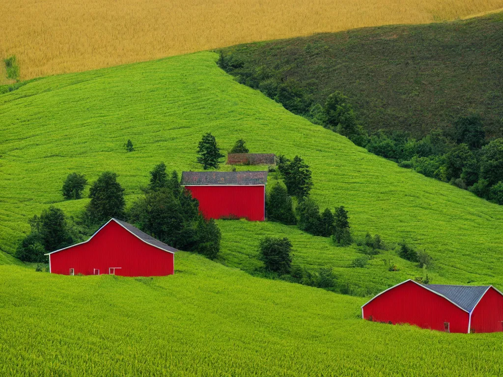 Image similar to Intricate detailed lush ravine with an isolated red barn next to a wheat crop at noon. Wide angle shot, surreal, Anato Finnstark.