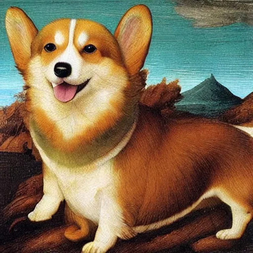 Image similar to corgi dog in cosmos painting, leonardo da vinci style