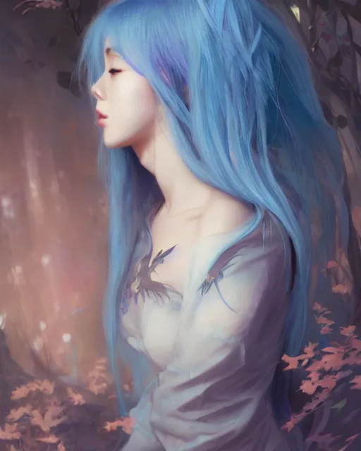 Image similar to stunningly beautiful female blue hair, cute korean actress, dj sura, fantasy art, fae priestess, lush dark forest landscape, fireflys at night, sharp focus, digital painting, 8 k, concept art, art by wlop, artgerm, greg rutkowski and alphonse mucha