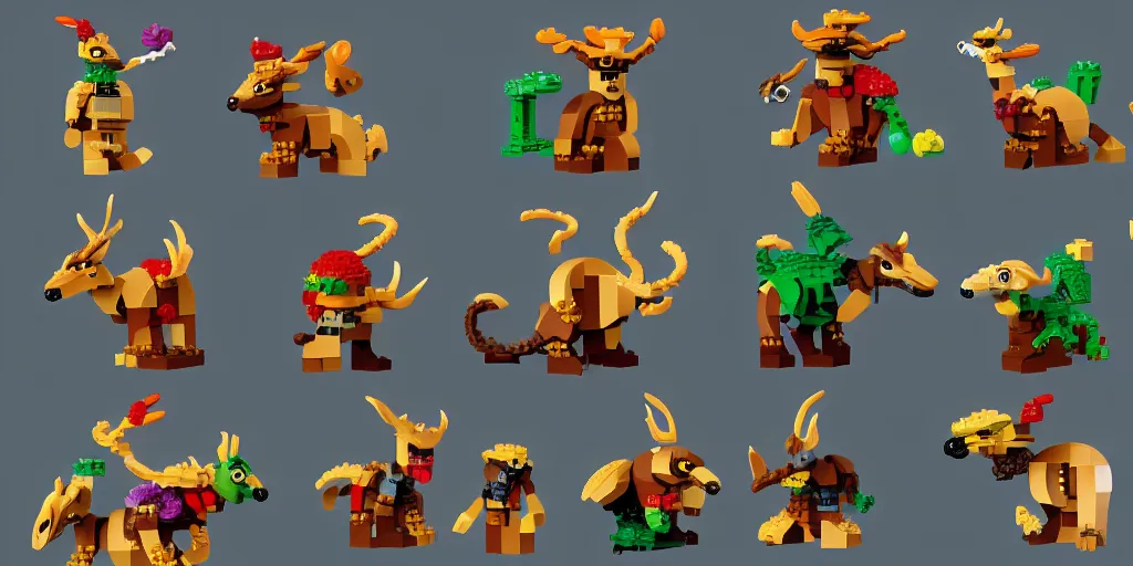 Image similar to characters from the magical lego imagination forest called critters, they are made out of individual bricks and look cute, sharp focus, moebius, character sheet, game concept art, brush work