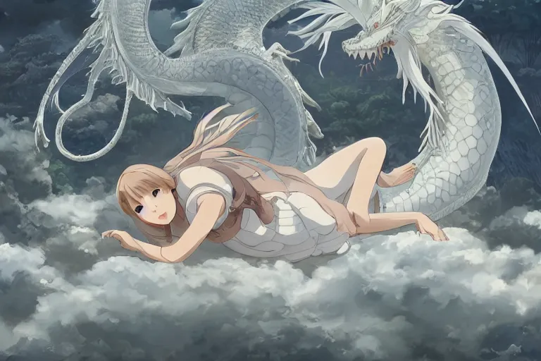 Prompt: a hyper detailed big render that beautiful princess lie on the ground be surrounded in the white clouds fairyland center by a huge silver white dragon, finely detailed angelic face, style of studio ghibli, makoto shinkai, xision, ilya kuvshinov and artgerm, kazuki tanahashi, james jean, animation style, golden curve composition, ultra wide angle