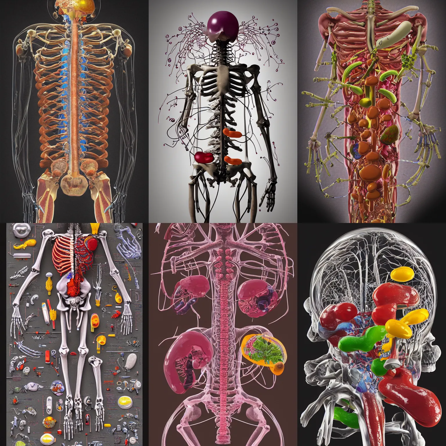 Prompt: Simple anatomic, bionic exploded drawing, crossection skeleton fungus sculpture, jellybeans, organs, kidney, by david lachapelle, by angus mckie, by rhads, in a dark empty black studio hollow, c4d, at night, rimlight, c4d, by jonathan ivy, by alex grey, Haeckel