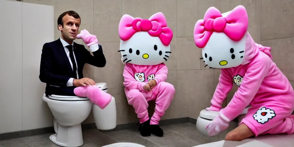 Image similar to picture of emmanuel macron dressed in a hello kitty kigurumi on a toilet, photorealistic, higly detailed, 8 k