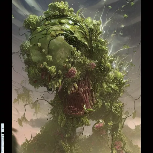 Prompt: an alien giant. A plant like alien made up of flowers, vines, and leaves. By Geoffroy Thoorens. Katsuhiro Otomo. Karlkka