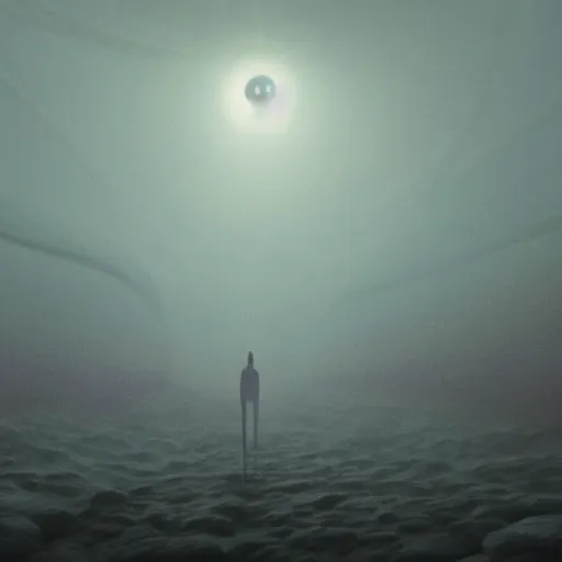 Image similar to through the fog small shiny pearls roll towards me, cinematic, concept art, by zdzislaw beksinski, by ivan aivazowsky, by h. r. giger, by moebius, intricate, volumetric light, dark atmosphere, dim light, psychedelic colors, smooth, depth perception, 4 k, unreal engine 5, ultradetailed, artstation