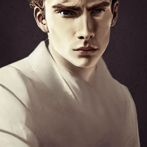 Prompt: portrait of a regal prince with sharp cheekbones, white clothes, high collar, close up, wistful melancholic hopeful expression, super details, surrounded by furious people, modern digital art, matte painting, science fiction