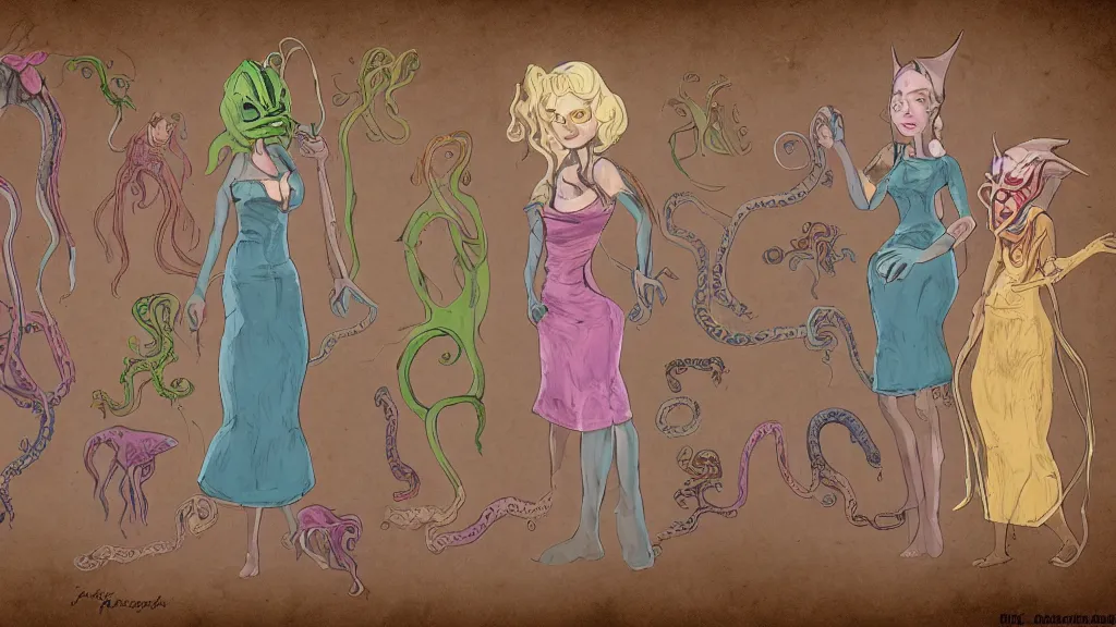 Image similar to aged paper, colorful character sheet for a stocky alien extraterrestrial female servant maid with thick snake - like tentacles instead of hair, long dress with apron, jim henson creature shop, coherent, illustration, digital art, trending on artstation, hd, 8 k, good lighting, beautiful, rough paper, masterpiece