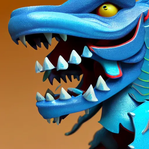 Image similar to closeup 3 d toy chinese bestiary dragon as funco toy, war cry, plastic, sss, octane 4 k render, studio lighting, artstation, cyan photographic backdrop, 1 0 5 mm, f 2. 8 aperture