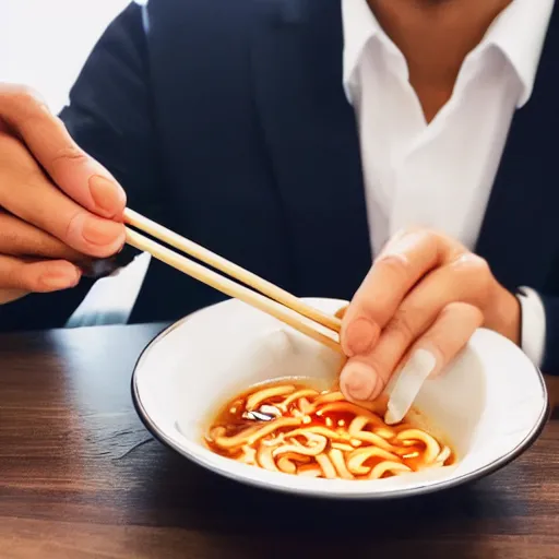 Image similar to a close up picture of a man eating shin ramyun high detailed, 4 k