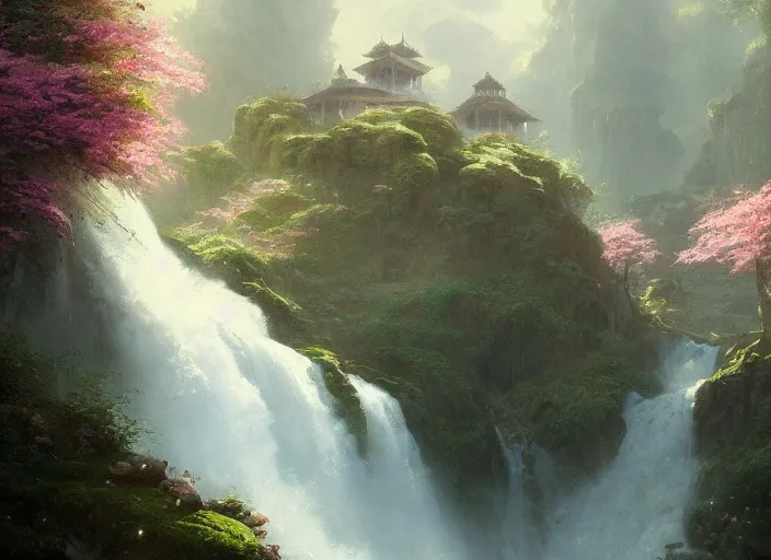 Prompt: a beautiful picture of waterfall in full bloom, palace, monk meditate, greg rutkowski, thomas kinkade, artstation