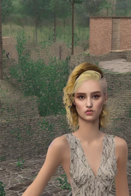 Image similar to beautiful blonde model wearing valentino resort ss 2 0 1 6 dress in a lofi 3 d psx rpg style, fashion gameplay screenshot, highly detailed