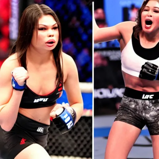 Prompt: Miranda cosgrove beats up ronda rousey in ufc